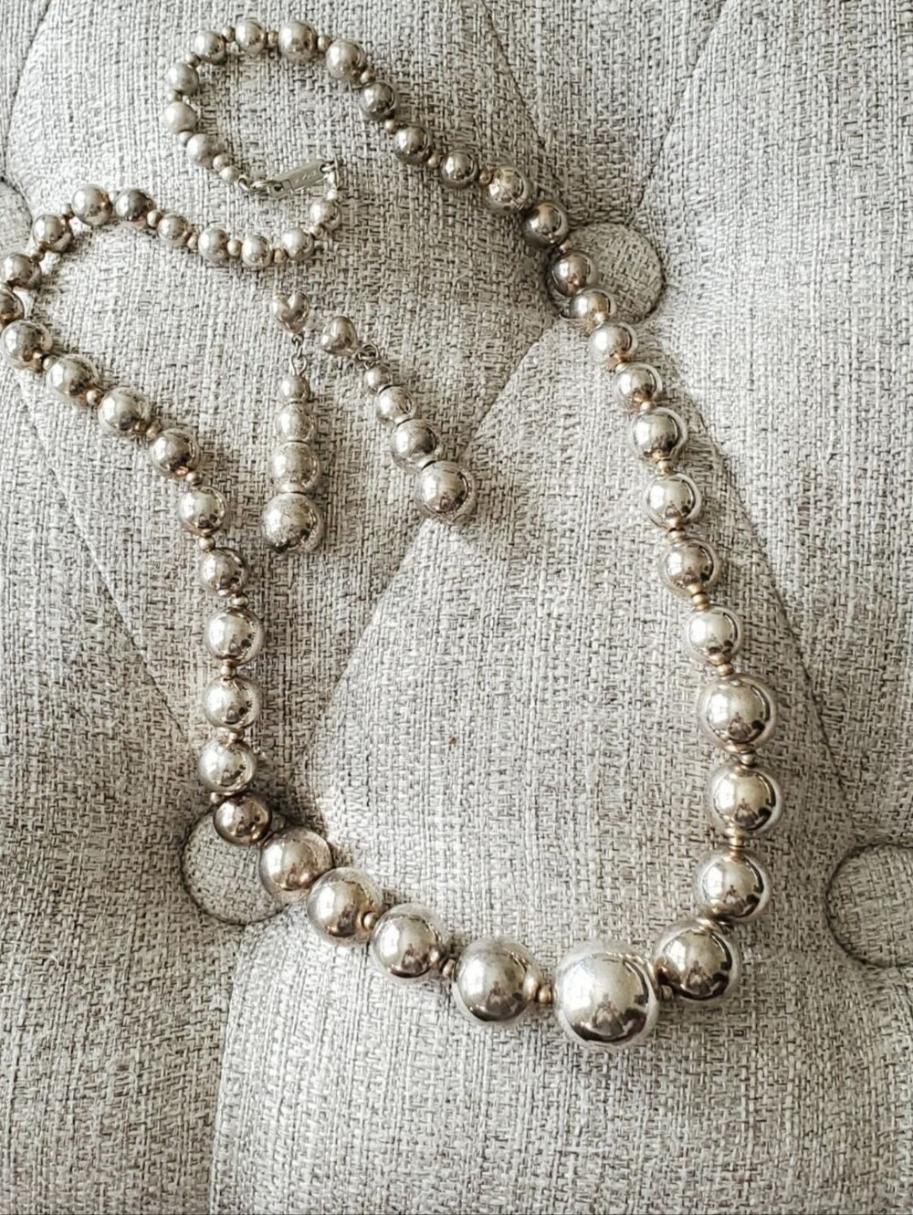 Vintage Silver Beaded Necklace and Earrings Set - Women Jewelry